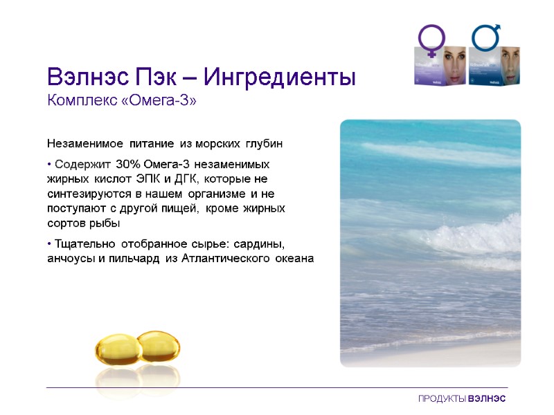 Вэлнэс Пэк – Ингредиенты Комплекс «Омега-3» Незаменимое питание из морских глубин • Содержит 30%